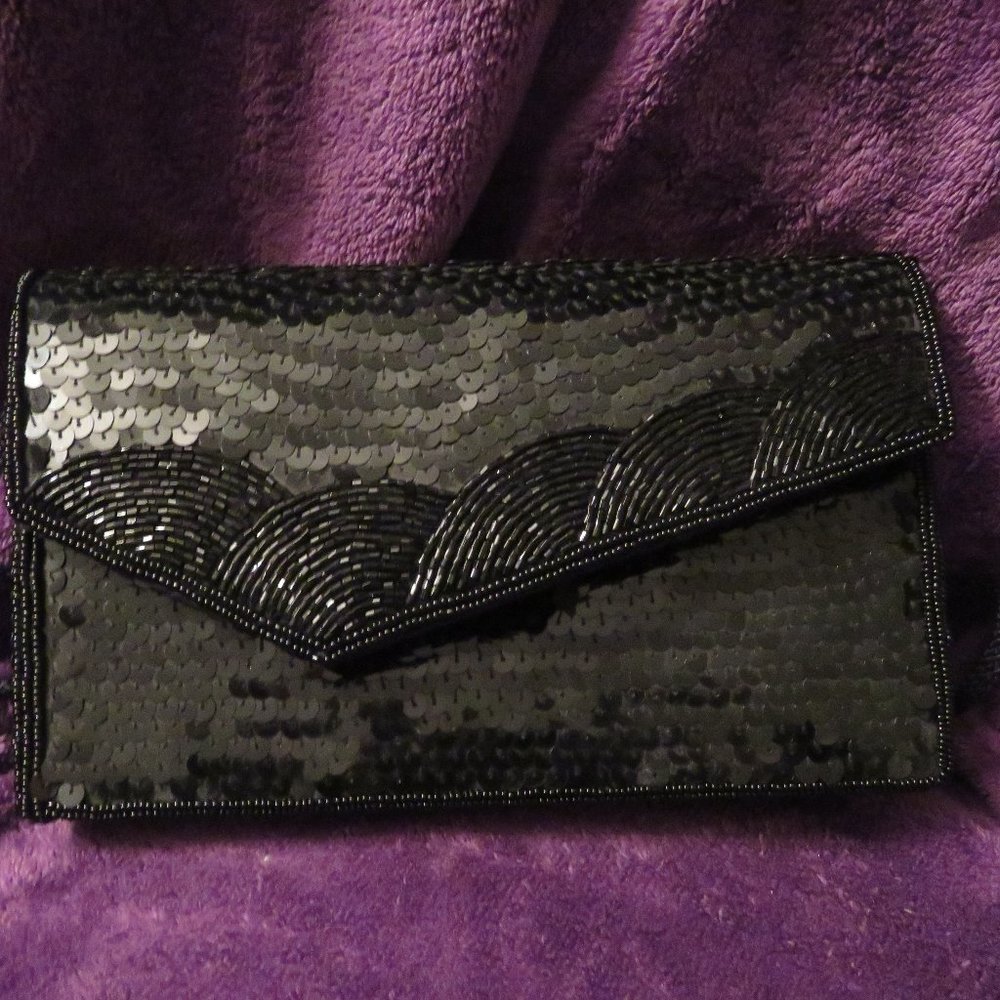 Little Black Sequined Purse with Shoulder Strap